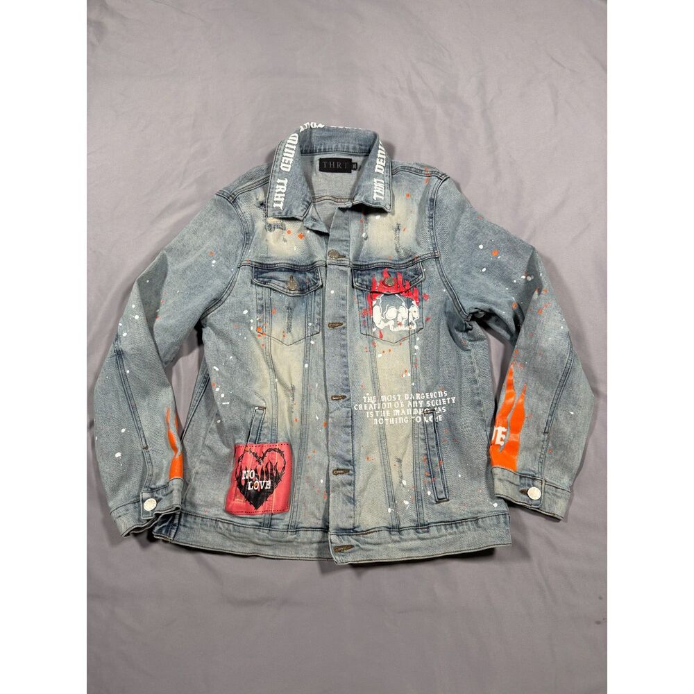 THRT Denim Graphic Distressed Trucker Jacket Mens 2XL Paint Splatter Streetwear